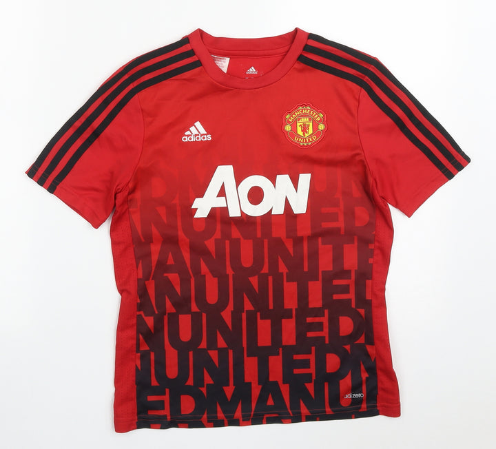 adidas Boys Red Polyester Basic T-Shirt Size 11-12 Years Crew Neck Pullover - Manchester United