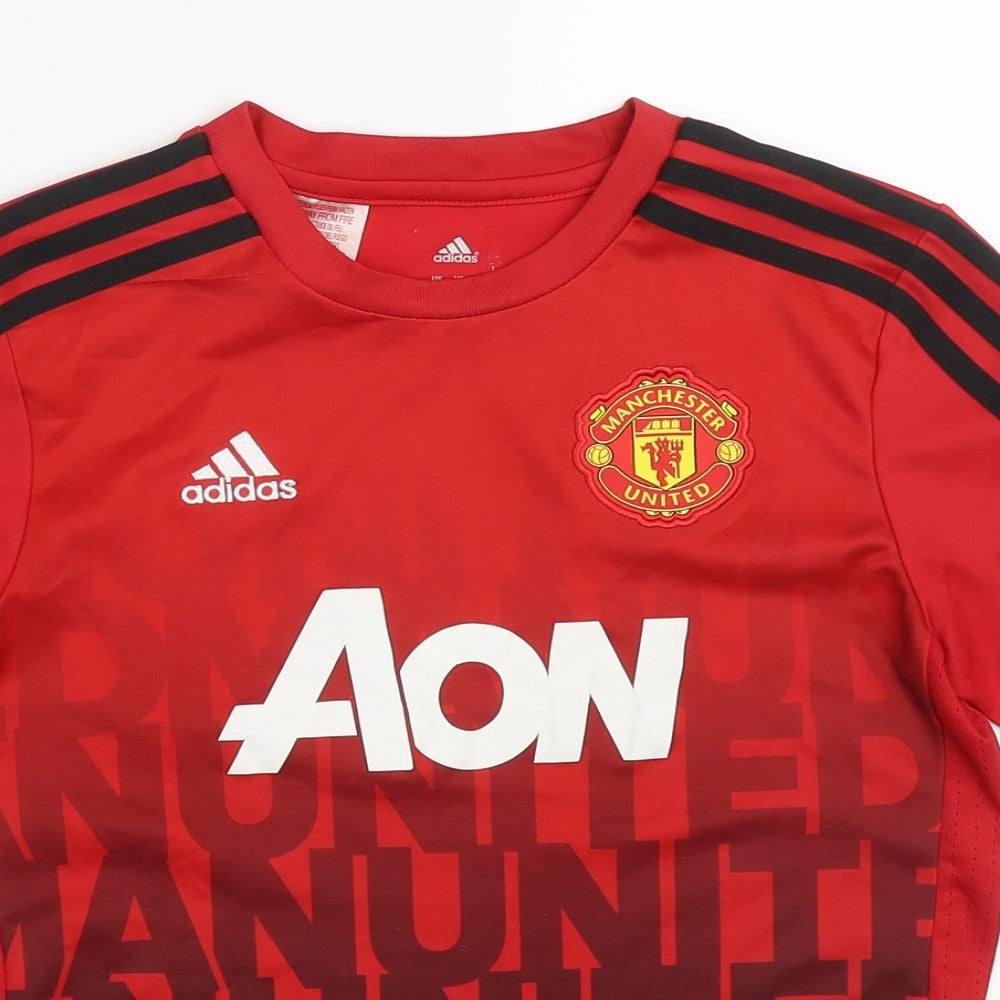 adidas Boys Red  Polyester Basic T-Shirt Size 11-12 Years Crew Neck Pullover - Manchester United
