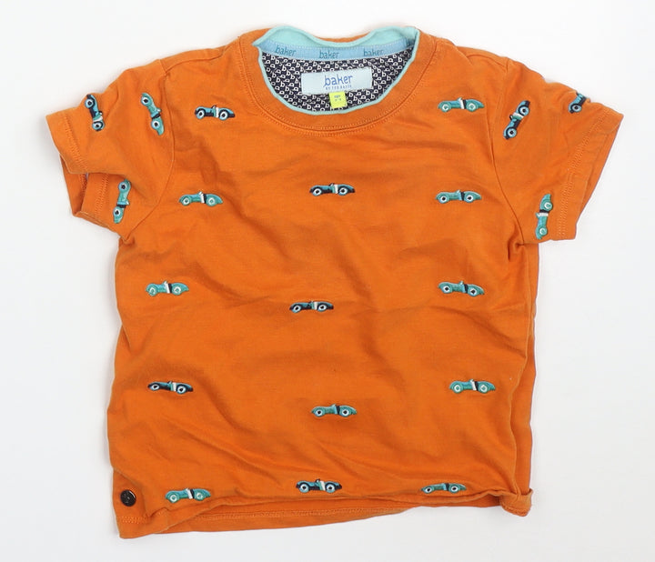 Ted Baker Boys Orange Cotton Basic T-Shirt Size 2-3 Years Crew Neck Pullover - Racecars