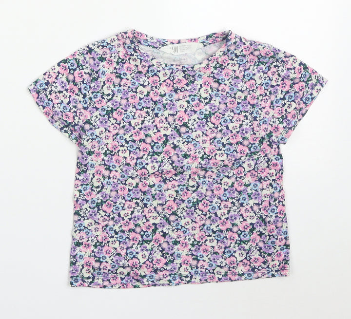 H&M Girls Multicoloured Floral Cotton Basic T-Shirt Size 2-3 Years Crew Neck Pullover