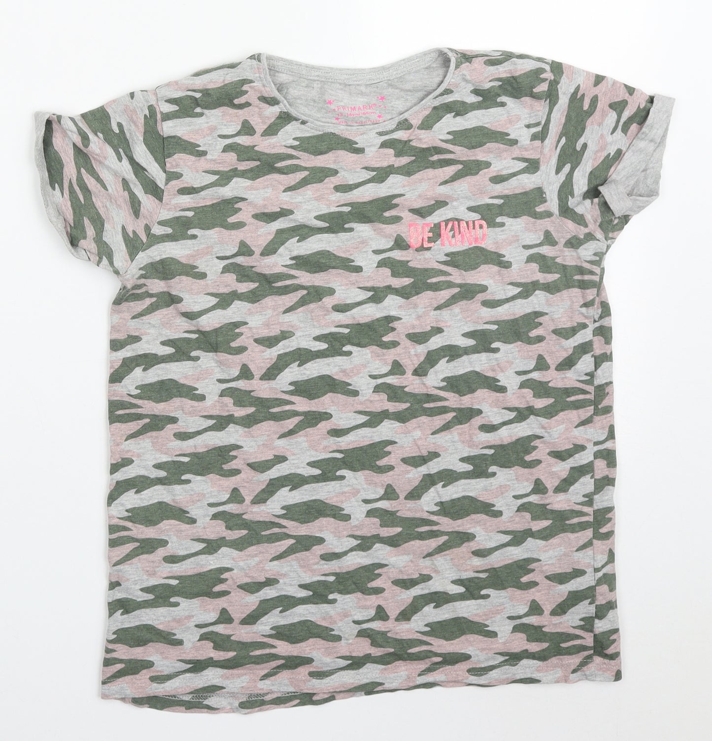 Primark Girls Multicoloured Camouflage Cotton Basic T-Shirt Size 13-14 Years Crew Neck Pullover - Be Kind