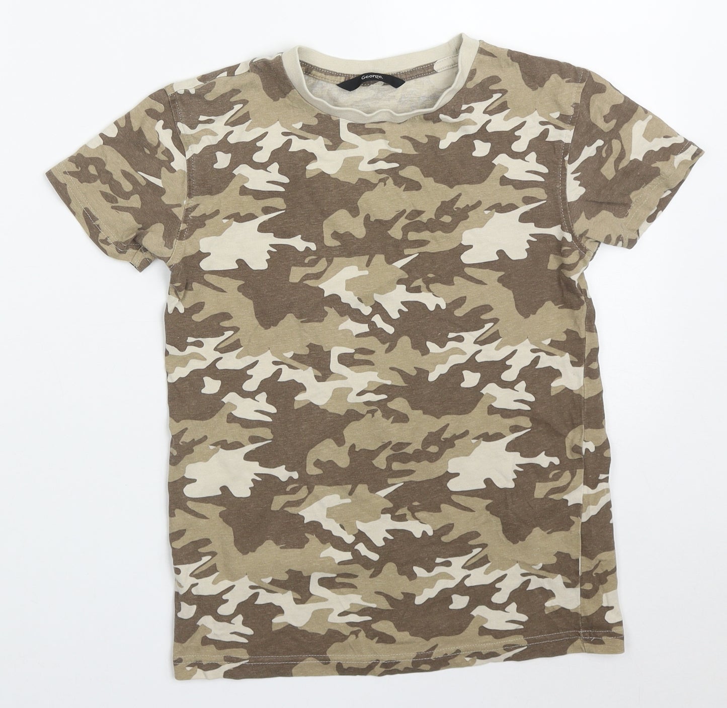 George Boys Brown Camouflage Cotton Basic T-Shirt Size 8-9 Years Crew Neck Pullover
