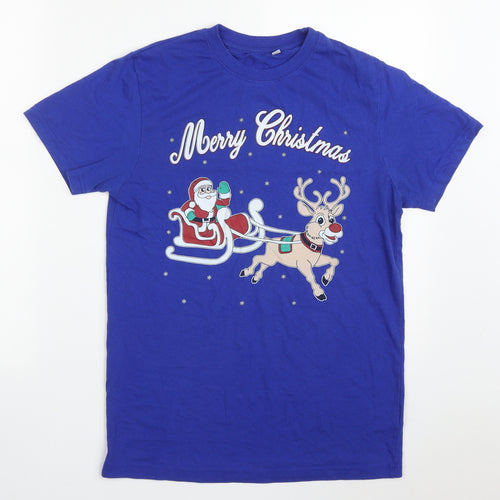 Preworn Mens Blue  Cotton  T-Shirt Size M Crew Neck  - Merry Christmas