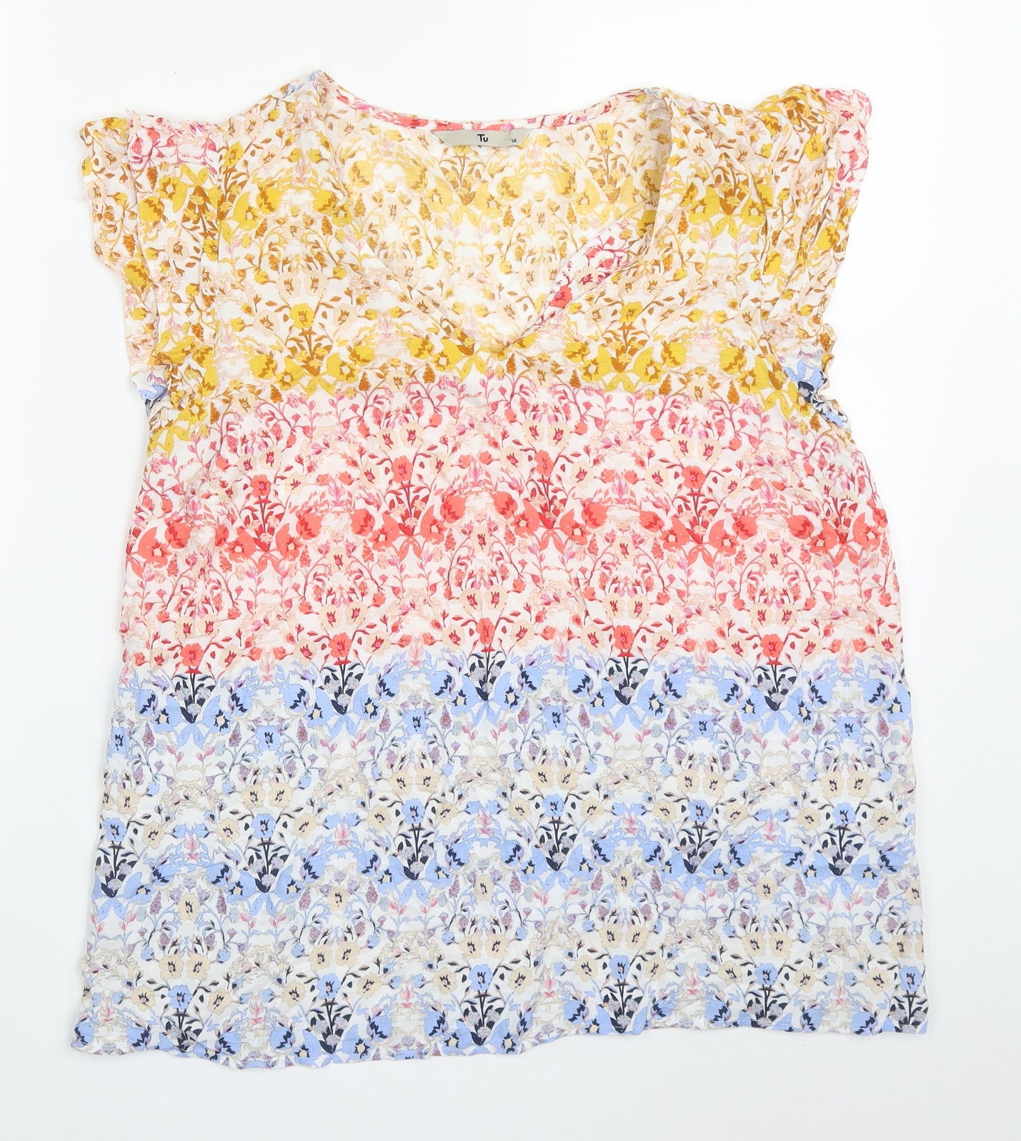 TU Womens Multicoloured Floral Viscose Basic T-Shirt Size 14 V-Neck