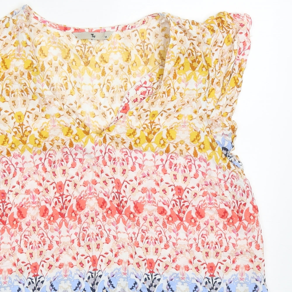 TU Womens Multicoloured Floral Viscose Basic T-Shirt Size 14 V-Neck