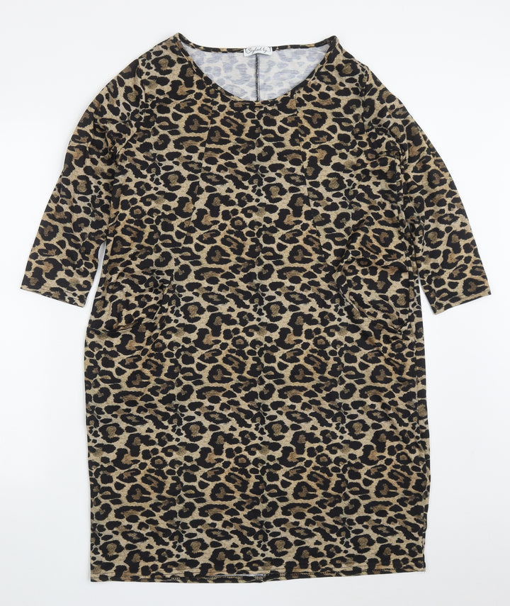 Styled By Womens Brown Animal Print Polyester T-Shirt Dress  Size M  Round Neck Pullover
