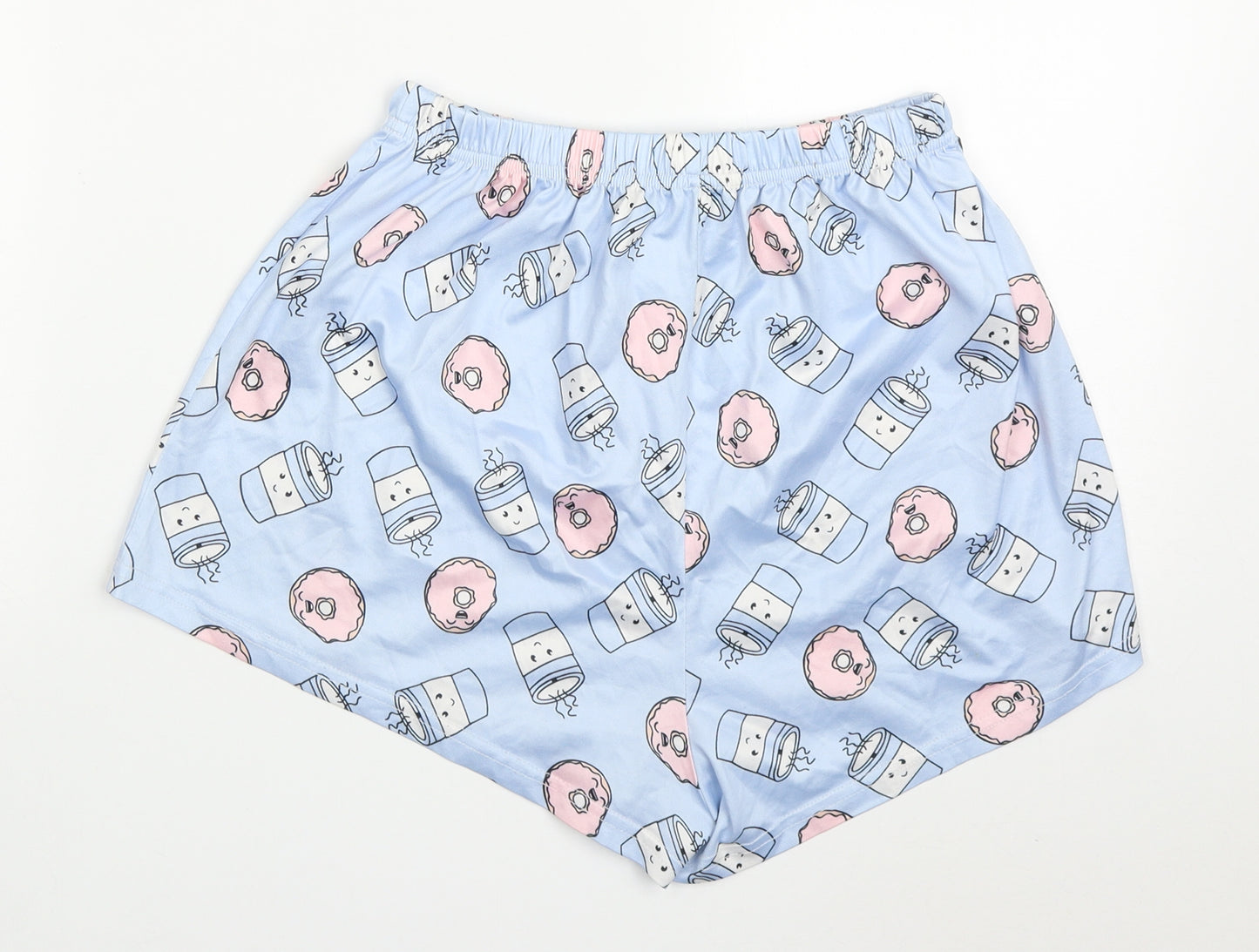 SheIn Womens Blue  Polyester Sweat Shorts Size M  Regular Drawstring - Doughnuts and Coffee Pyjama Shorts