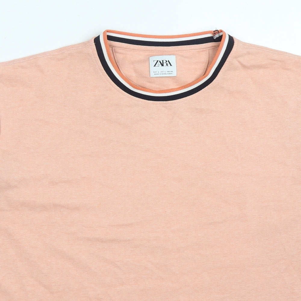 Zara Mens Pink  Cotton  T-Shirt Size L Crew Neck