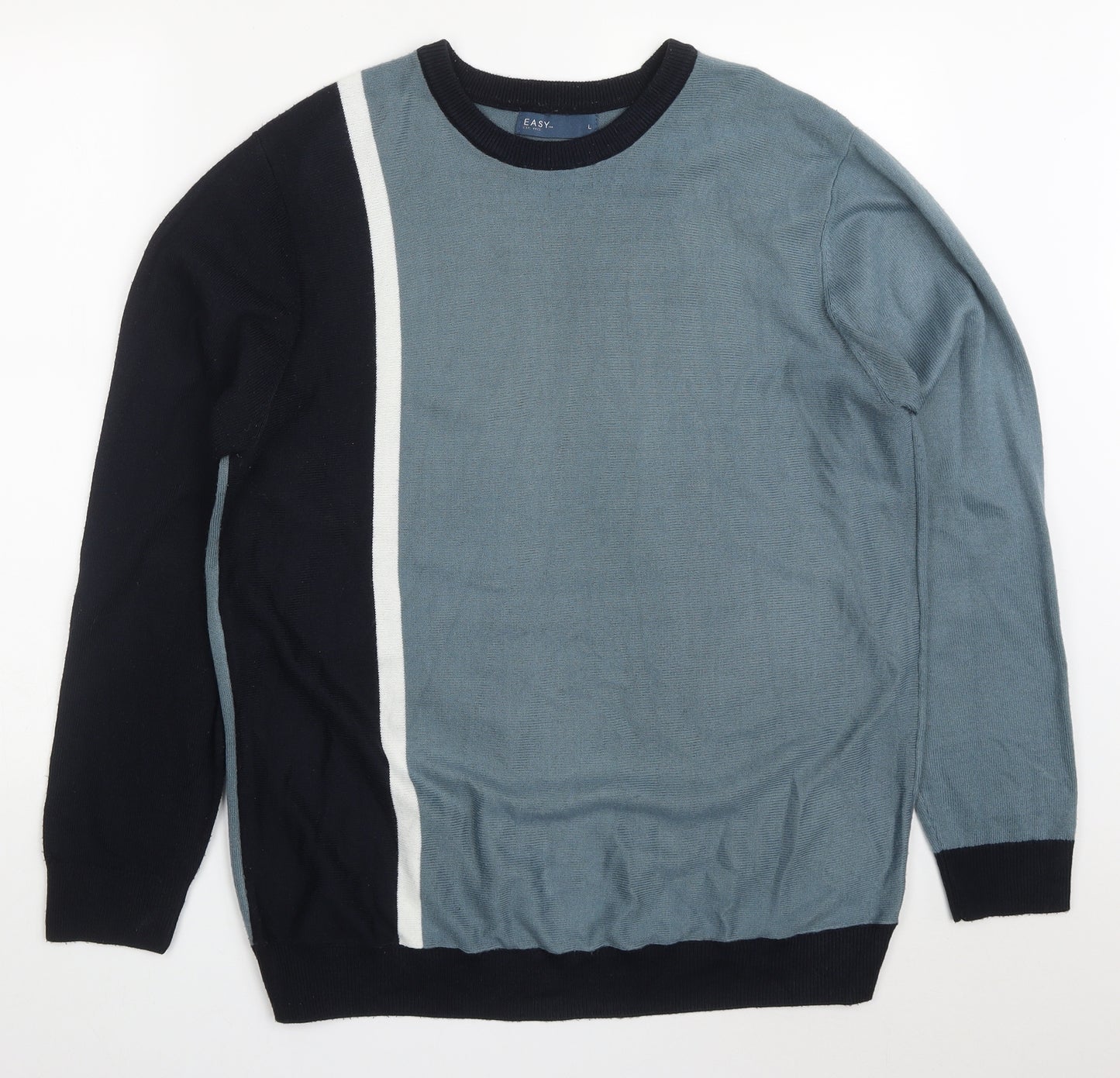 Easy Mens Blue Round Neck Striped Acrylic Pullover Jumper Size L