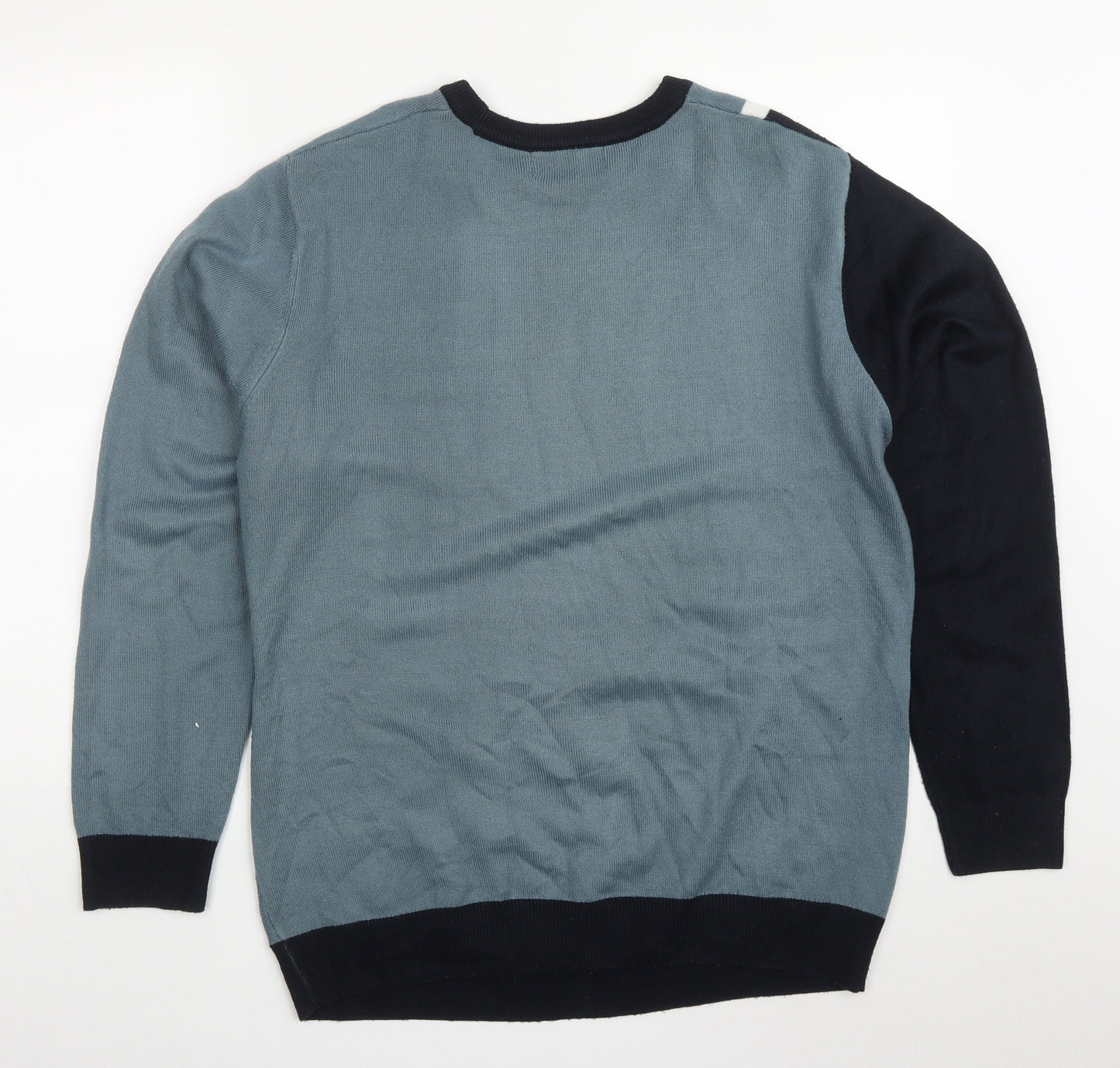 Easy Mens Blue Round Neck Striped Acrylic Pullover Jumper Size L