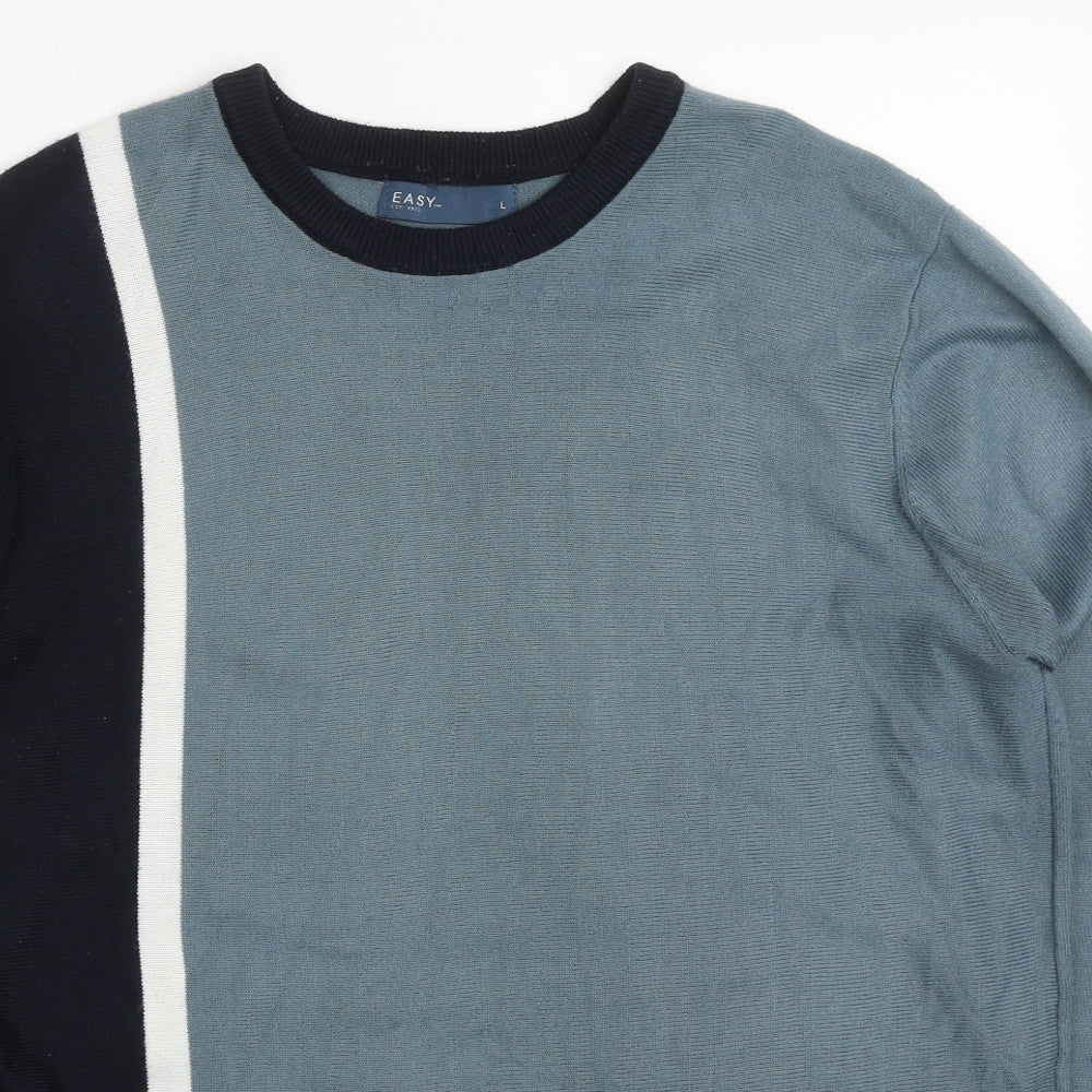 Easy Mens Blue Round Neck Striped Acrylic Pullover Jumper Size L