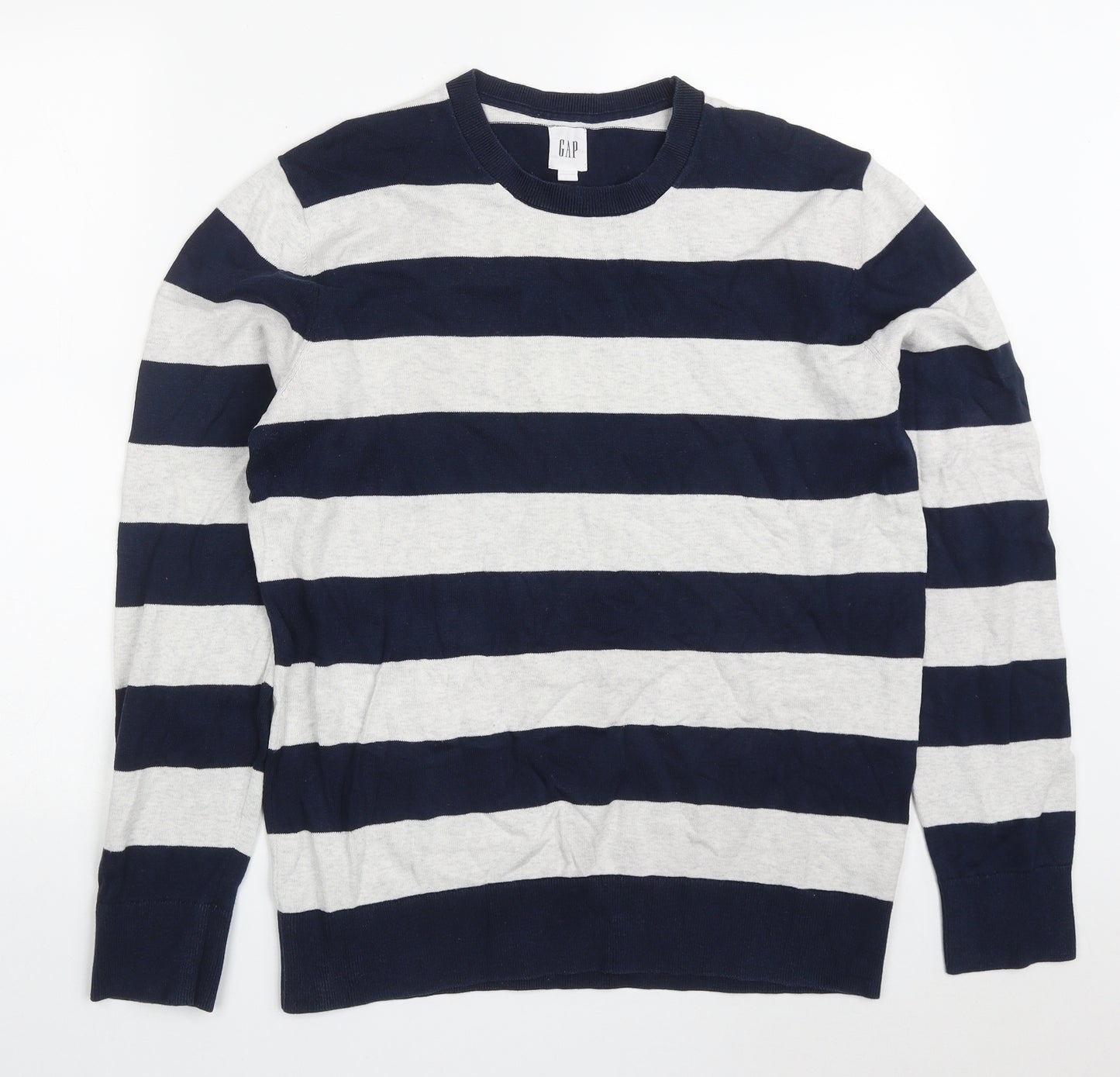 Gap Mens Blue Round Neck Striped Cotton Pullover Jumper Size M