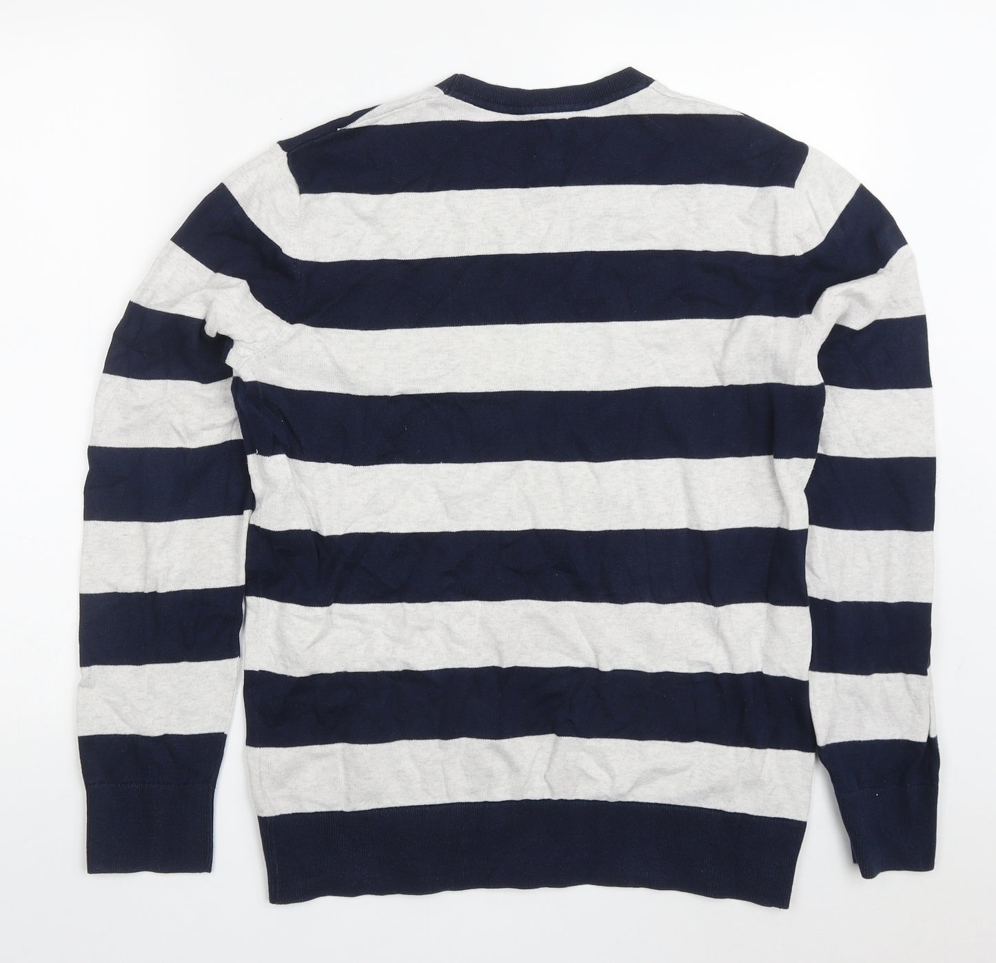 Gap Mens Blue Round Neck Striped Cotton Pullover Jumper Size M