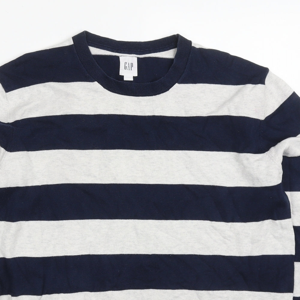 Gap Mens Blue Round Neck Striped Cotton Pullover Jumper Size M