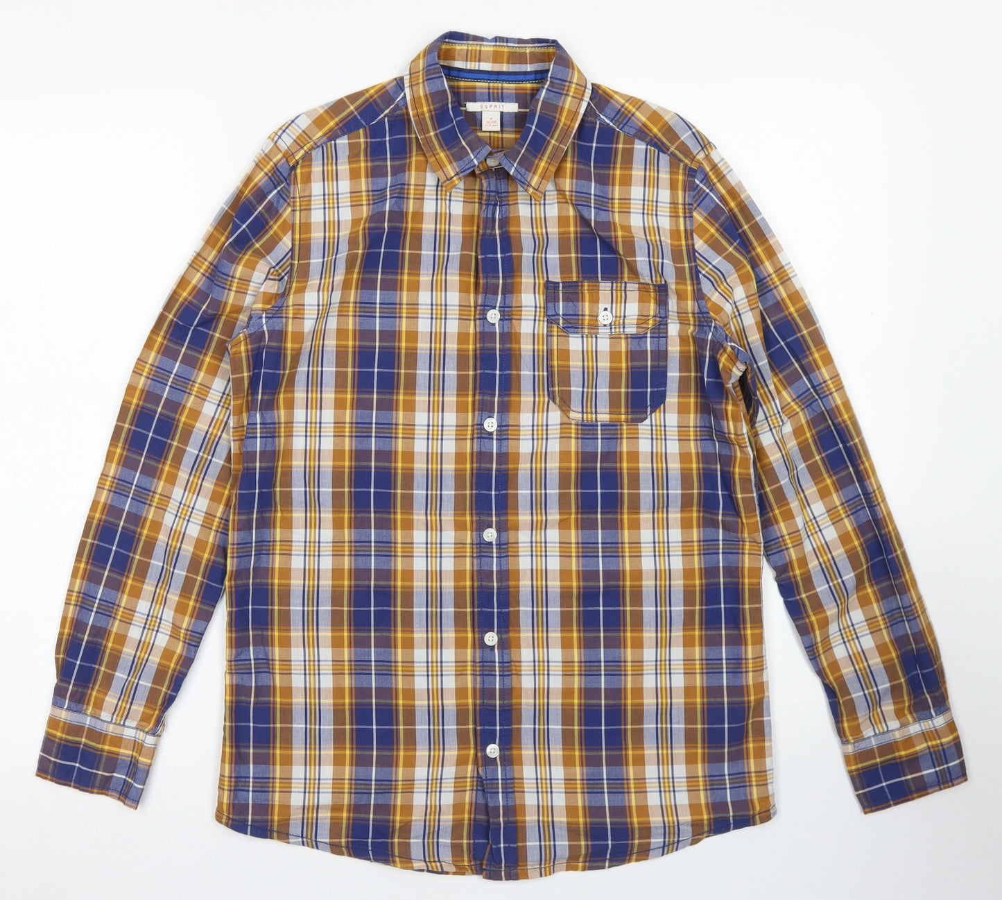 Esprit Boys Blue Plaid Cotton Basic Button-Up Size 12-13 Years Collared Button