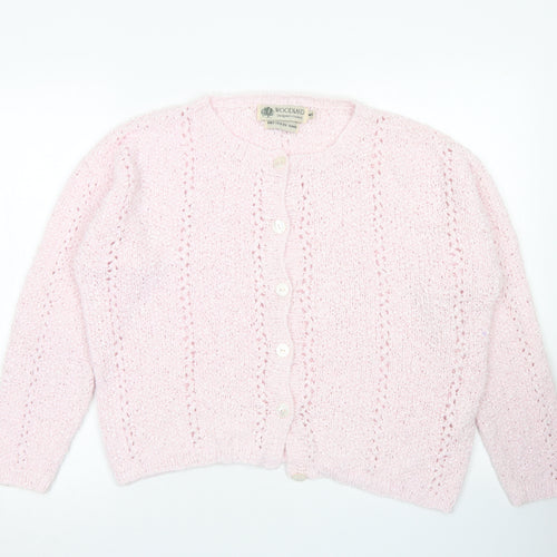 Woodland Womens Pink Crew Neck  Ramie Cardigan Jumper Size M   - Knitted By Hand