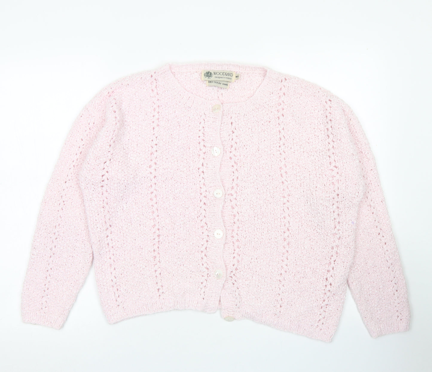 Woodland Womens Pink Crew Neck  Ramie Cardigan Jumper Size M   - Knitted By Hand