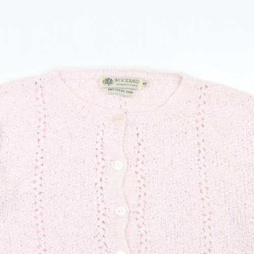 Woodland Womens Pink Crew Neck  Ramie Cardigan Jumper Size M   - Knitted By Hand