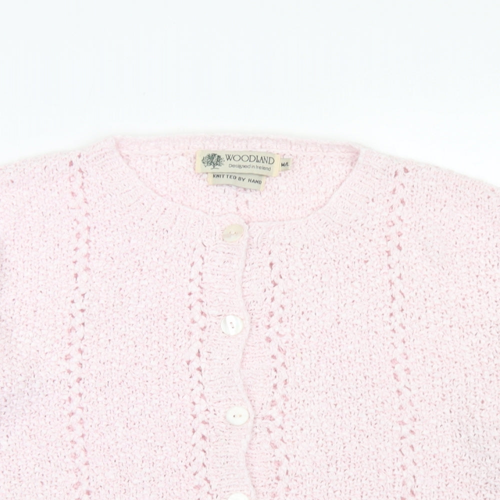 Woodland Womens Pink Crew Neck  Ramie Cardigan Jumper Size M   - Knitted By Hand