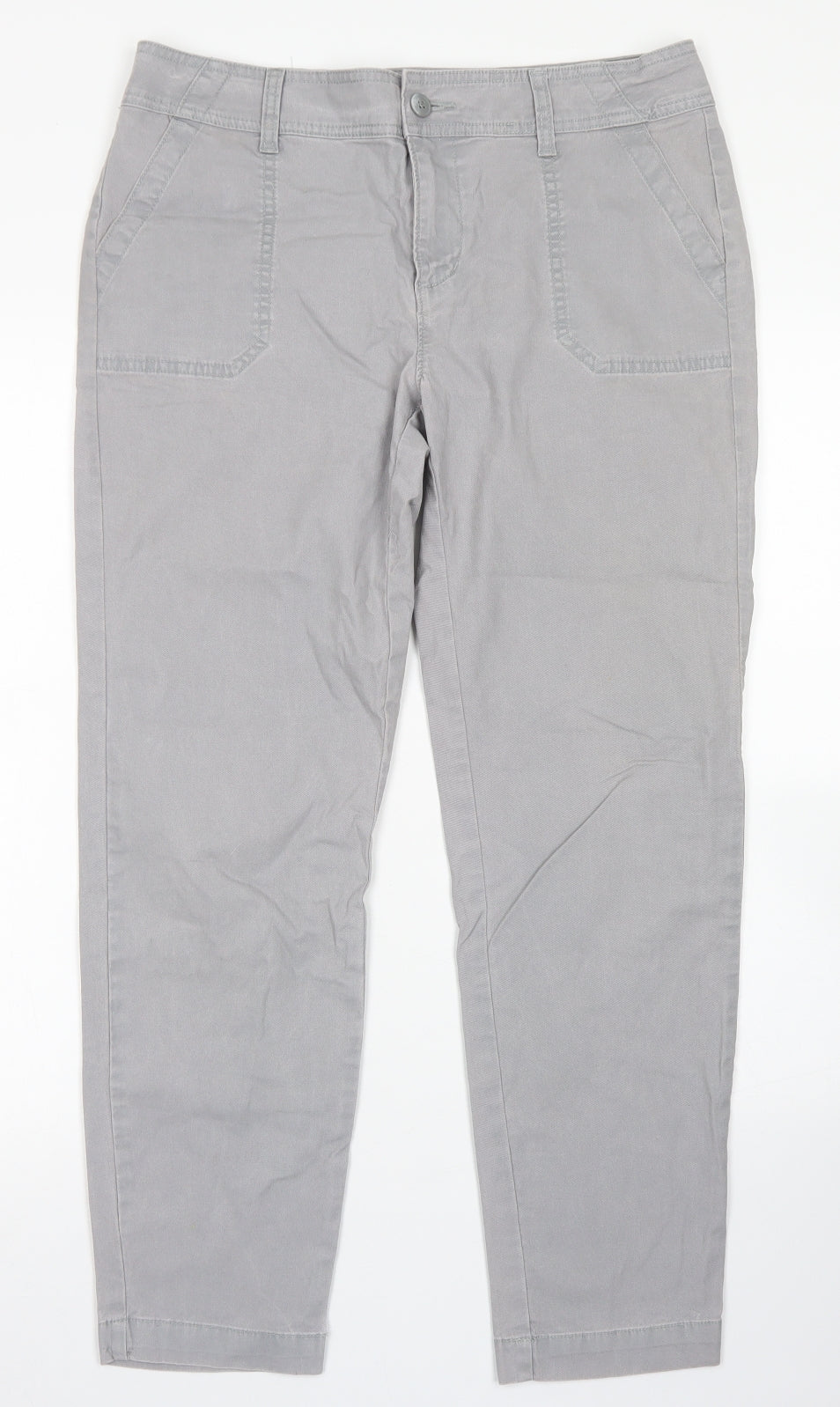 Dunnes Stores Womens Grey  Cotton Chino Trousers Size 12 L27 in Slim Button