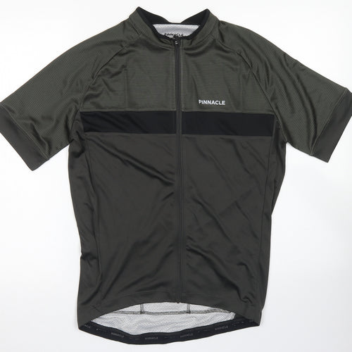 Pinnacle Mens Green  Polyester Basic T-Shirt Size L Crew Neck Zip