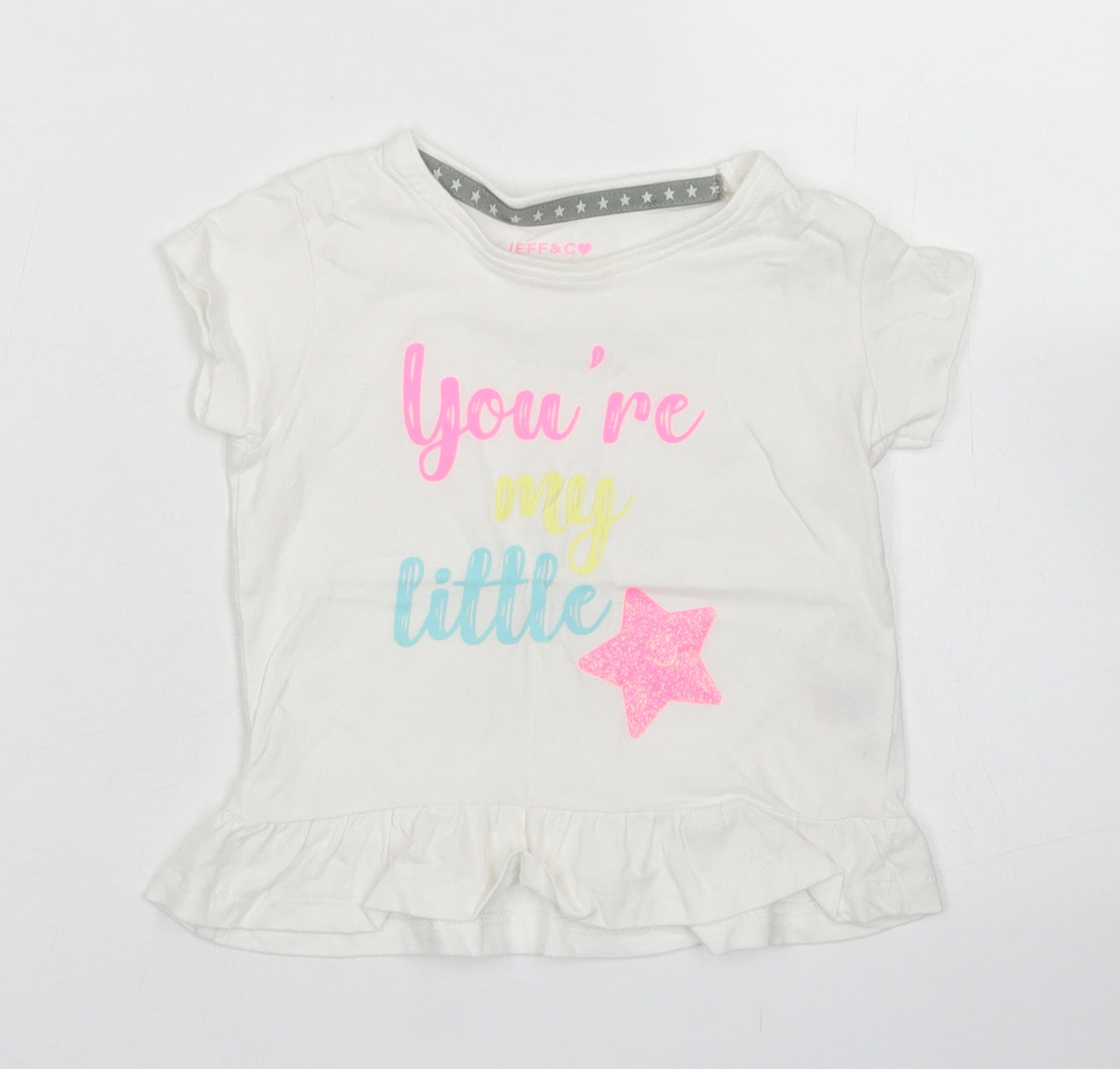 Jeff & Co Girls White  Cotton Basic T-Shirt Size 18-24 Months Crew Neck  - Peplum