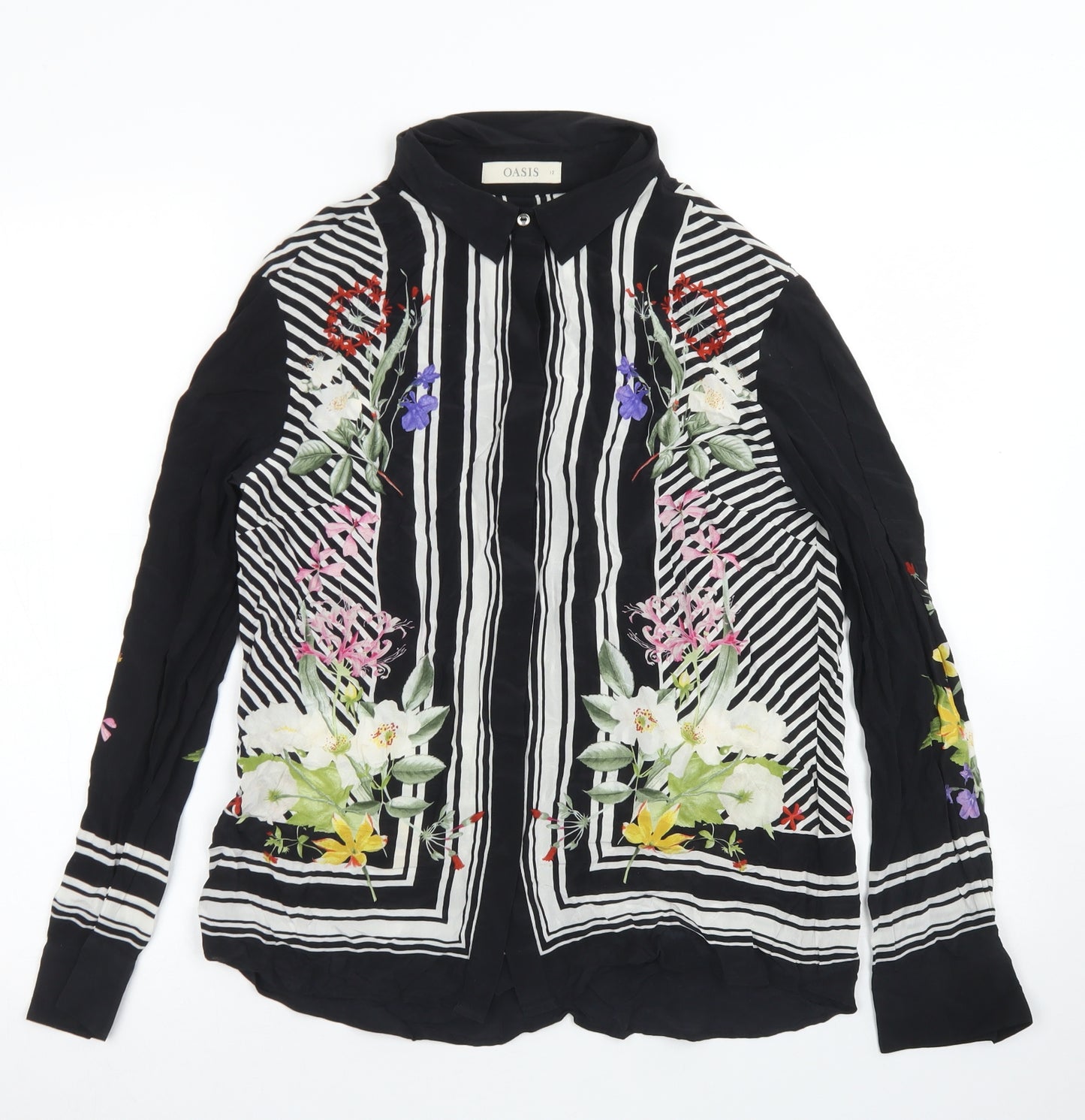 Oasis Womens Black Floral Silk Basic Blouse Size 12 Collared