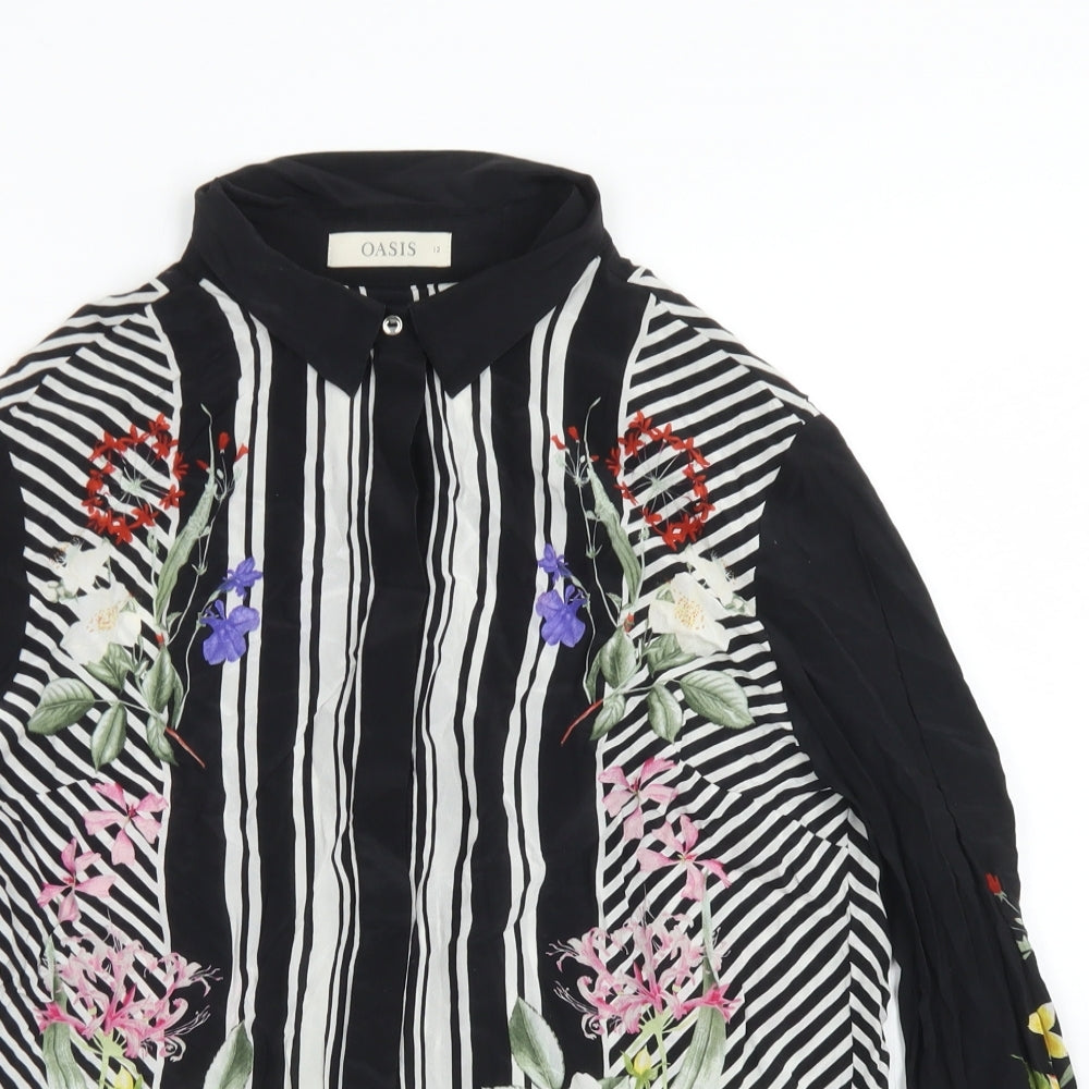 Oasis Womens Black Floral Silk Basic Blouse Size 12 Collared
