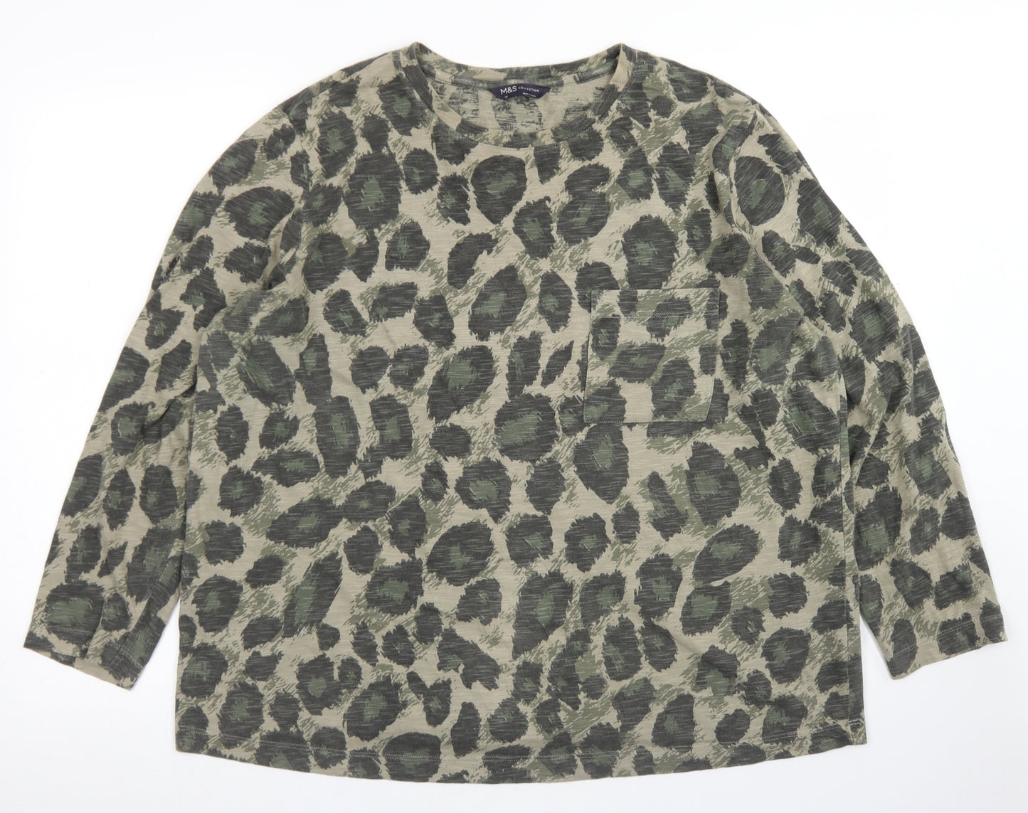 M&S Womens Green Animal Print Cotton Basic T-Shirt Size 18 Crew Neck - Chest Pocket