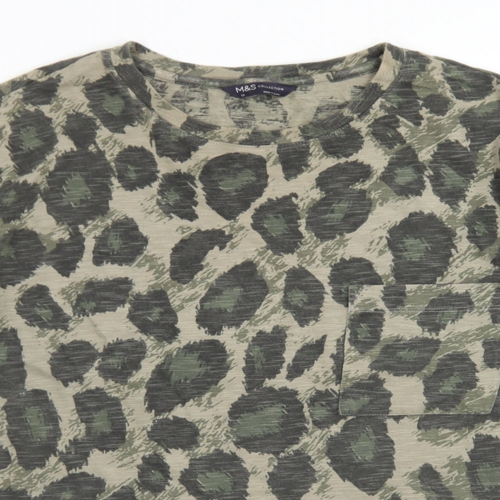 M&S Womens Green Animal Print Cotton Basic T-Shirt Size 18 Crew Neck - Chest Pocket