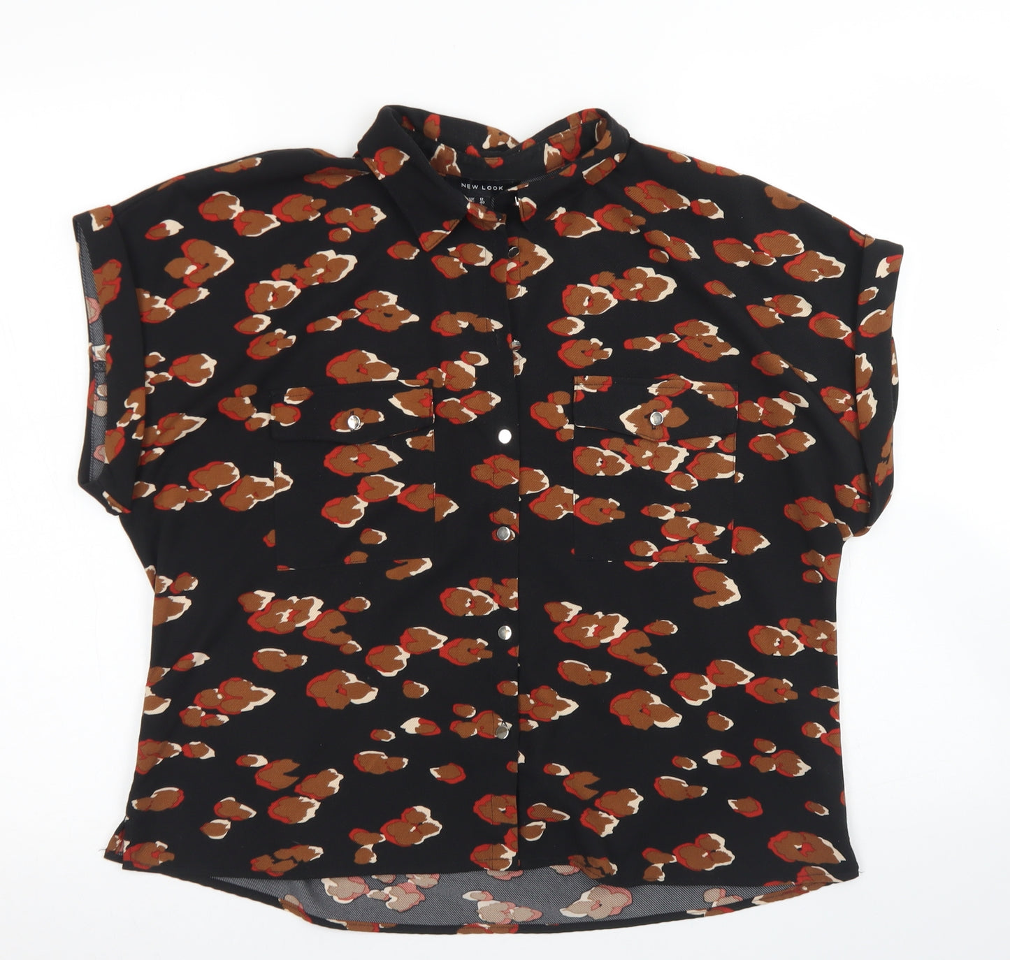 New Look Womens Black Animal Print Polyester Basic Button-Up Size 12 Collared