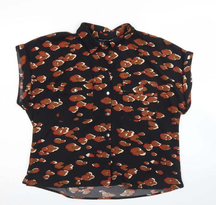 New Look Womens Black Animal Print Polyester Basic Button-Up Size 12 Collared