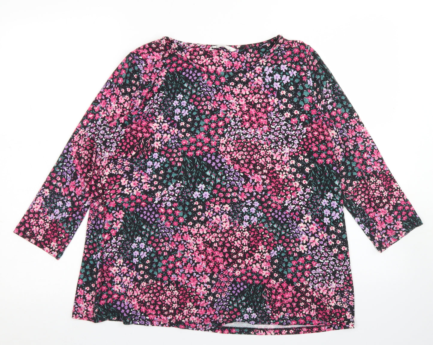 TU Womens Black Floral Viscose Basic T-Shirt Size 14 Crew Neck