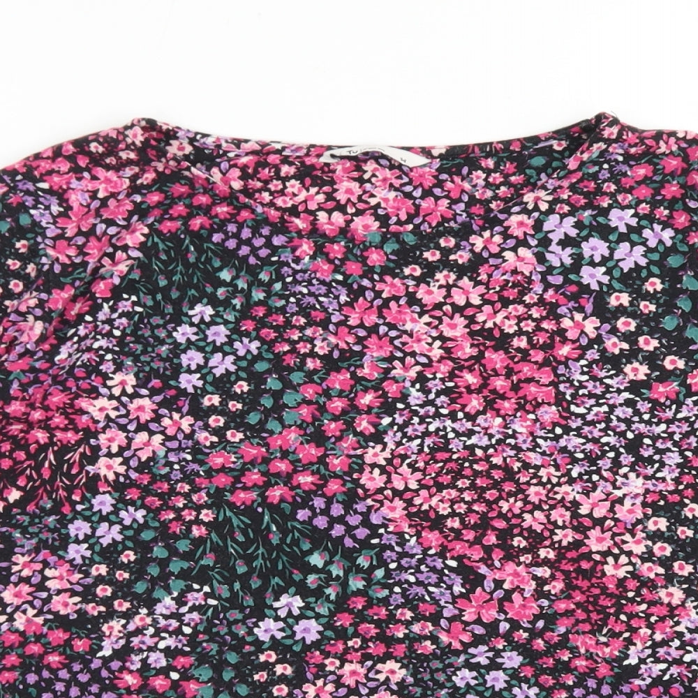 TU Womens Black Floral Viscose Basic T-Shirt Size 14 Crew Neck
