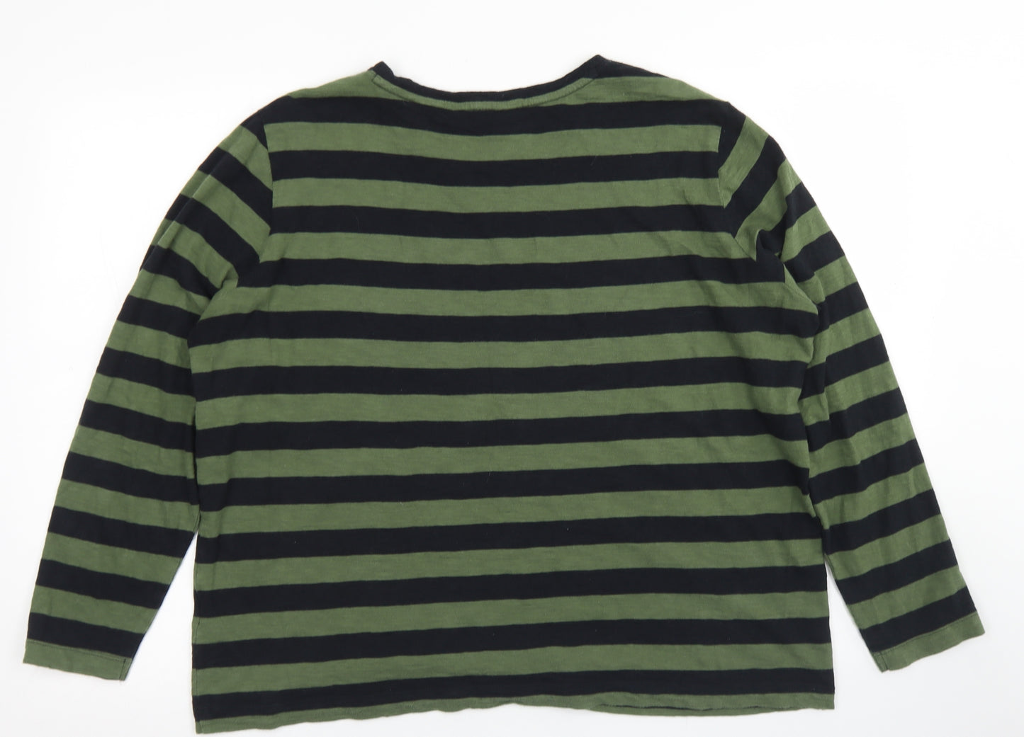 M&S Collection Womens Green Striped Cotton Basic T-Shirt Size 16 Crew Neck