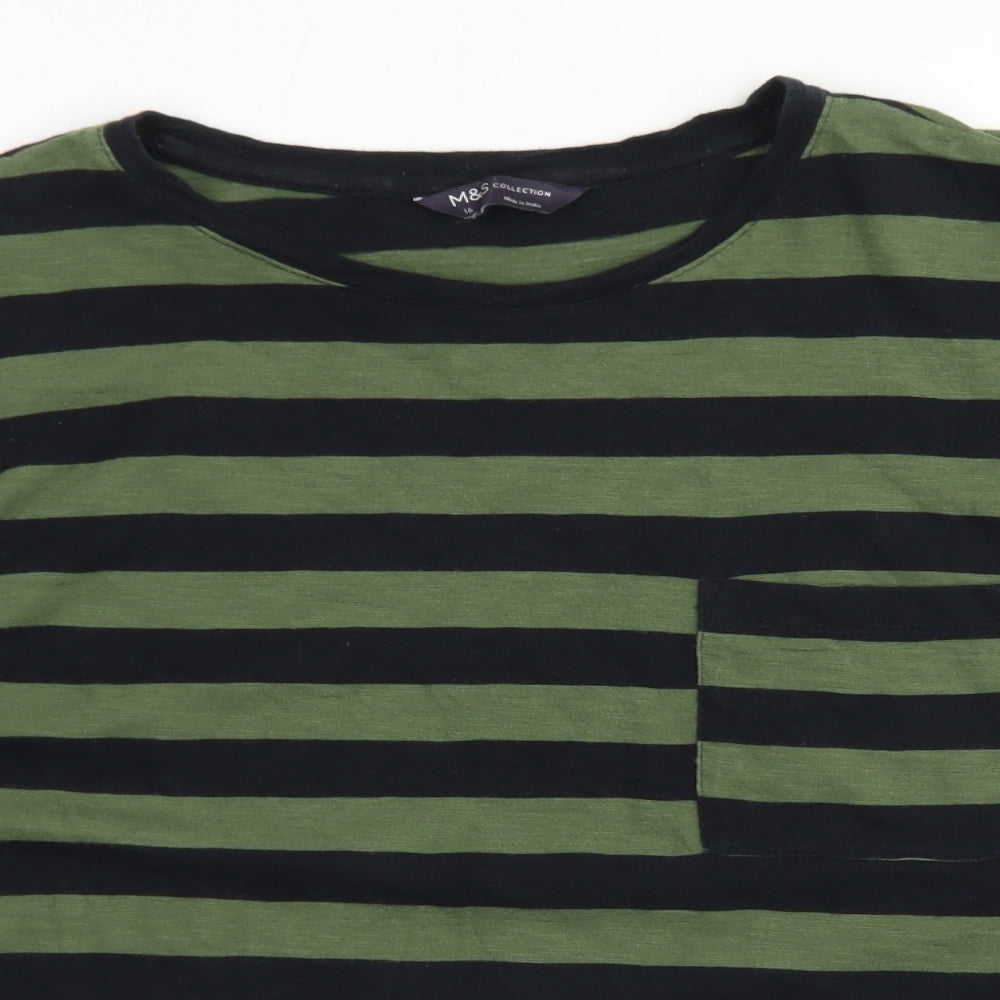 M&S Collection Womens Green Striped Cotton Basic T-Shirt Size 16 Crew Neck