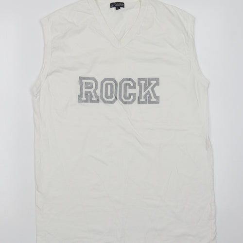 WPS Mens White  Cotton  T-Shirt Size L V-Neck  - Rock