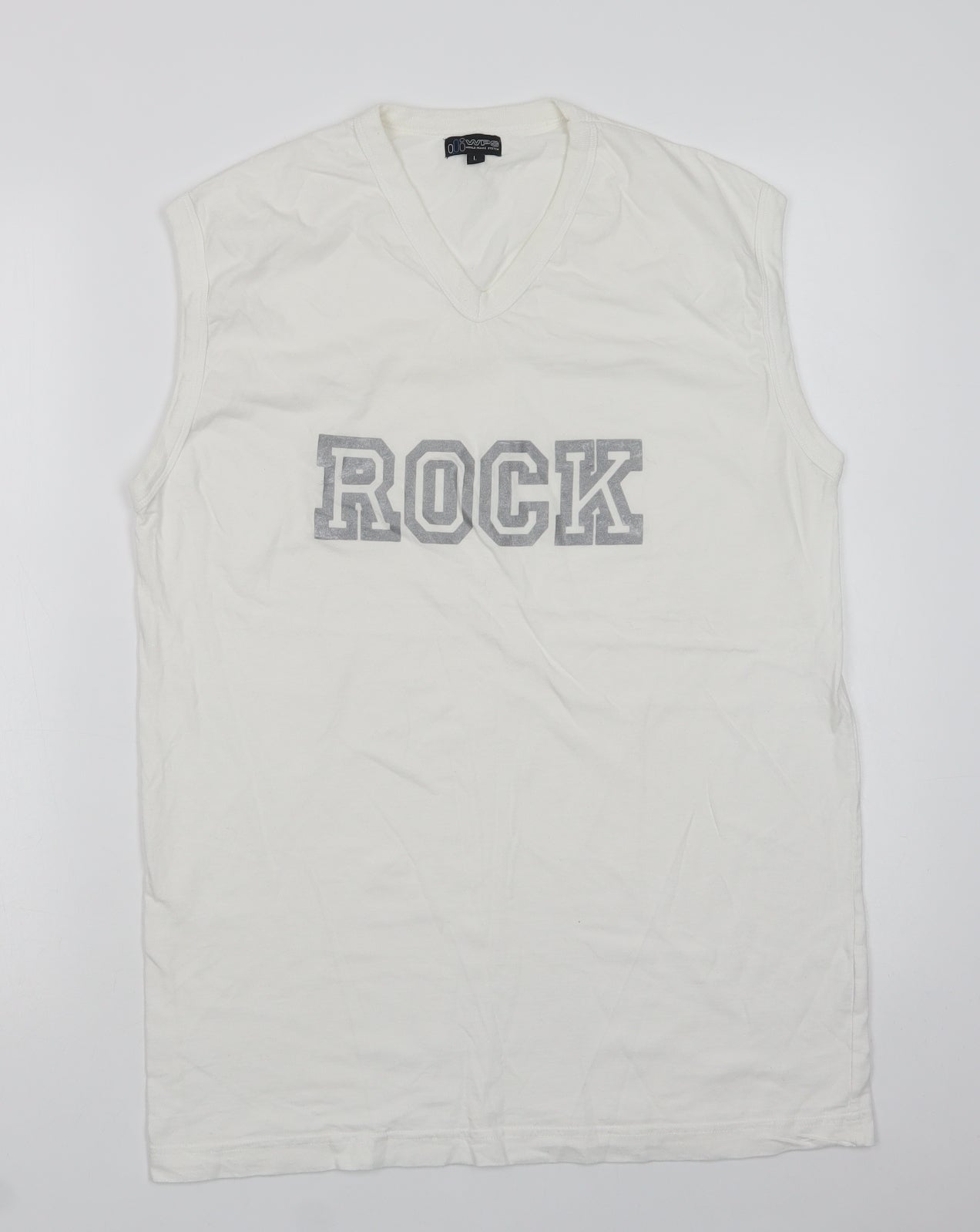 WPS Mens White  Cotton  T-Shirt Size L V-Neck  - Rock