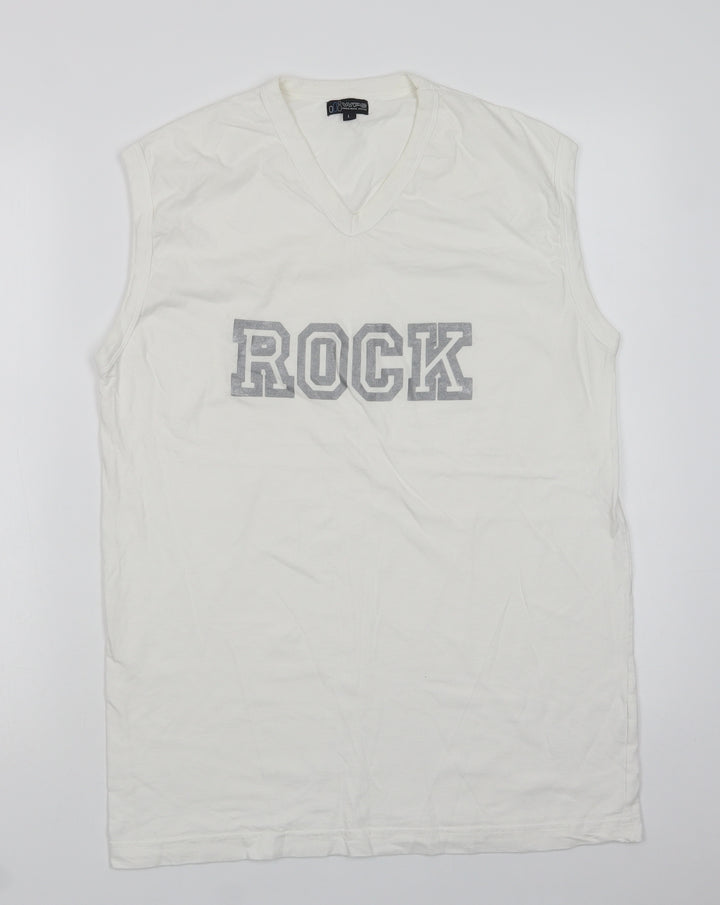 WPS Mens White  Cotton  T-Shirt Size L V-Neck  - Rock