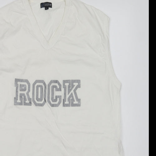 WPS Mens White  Cotton  T-Shirt Size L V-Neck  - Rock