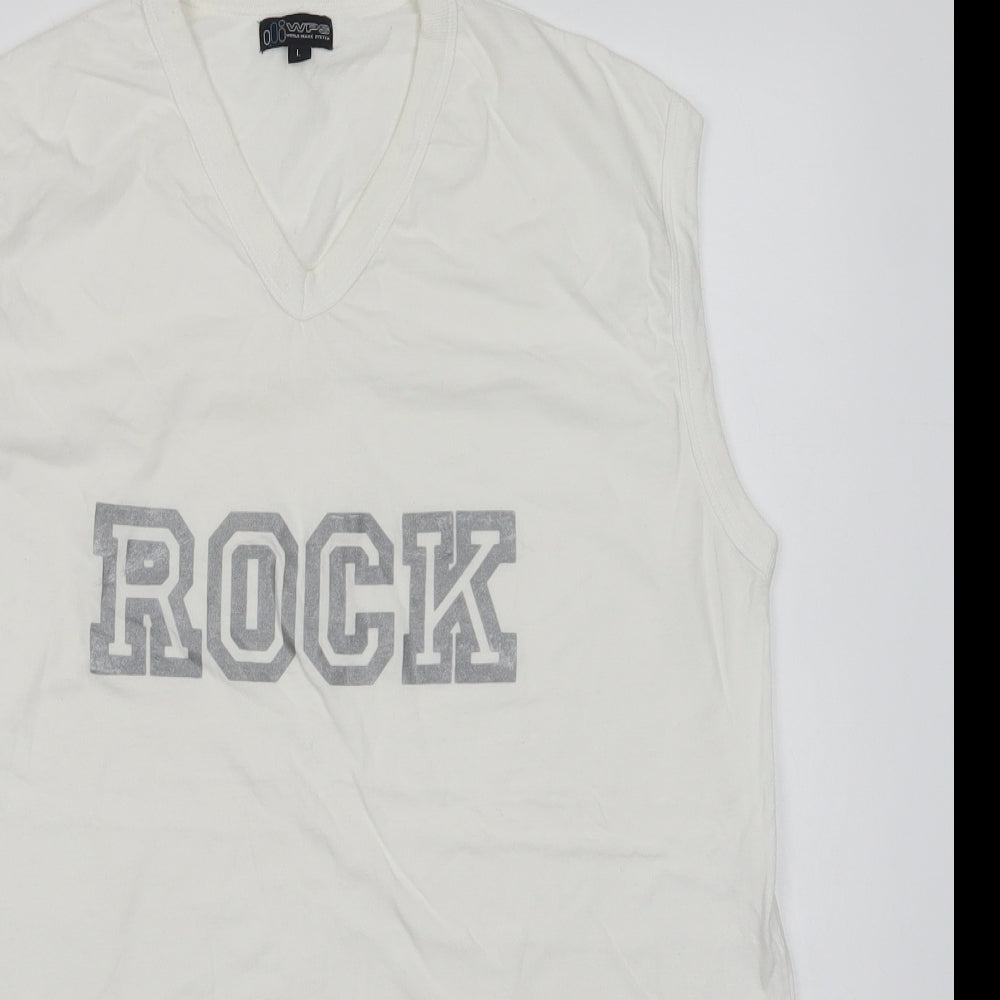 WPS Mens White  Cotton  T-Shirt Size L V-Neck  - Rock