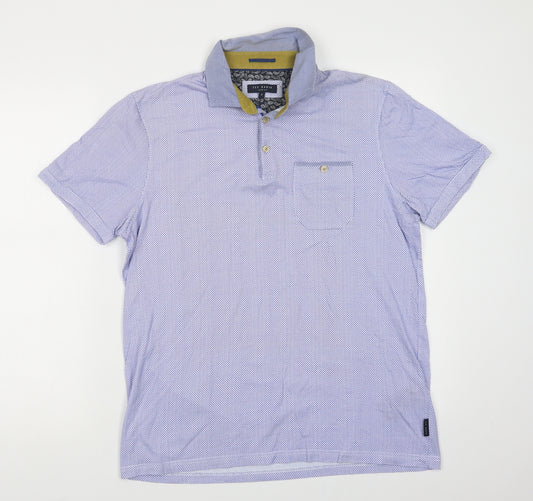 Front view of Ted Baker men’s blue geometric cotton polo, size M, collared button