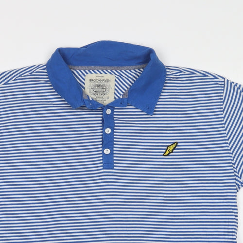 Brookhaven Mens Blue Striped Cotton  Polo Size L Collared Button