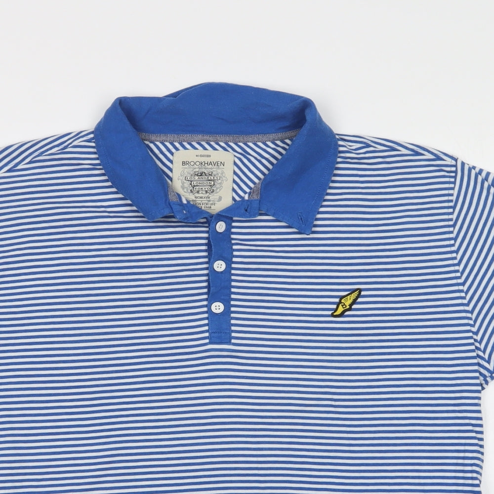 Brookhaven Mens Blue Striped Cotton  Polo Size L Collared Button