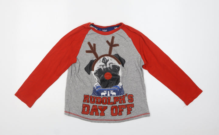 George Girls Grey Colourblock Cotton Basic Blouse Size 11-12 Years Crew Neck  - Pug Christmas