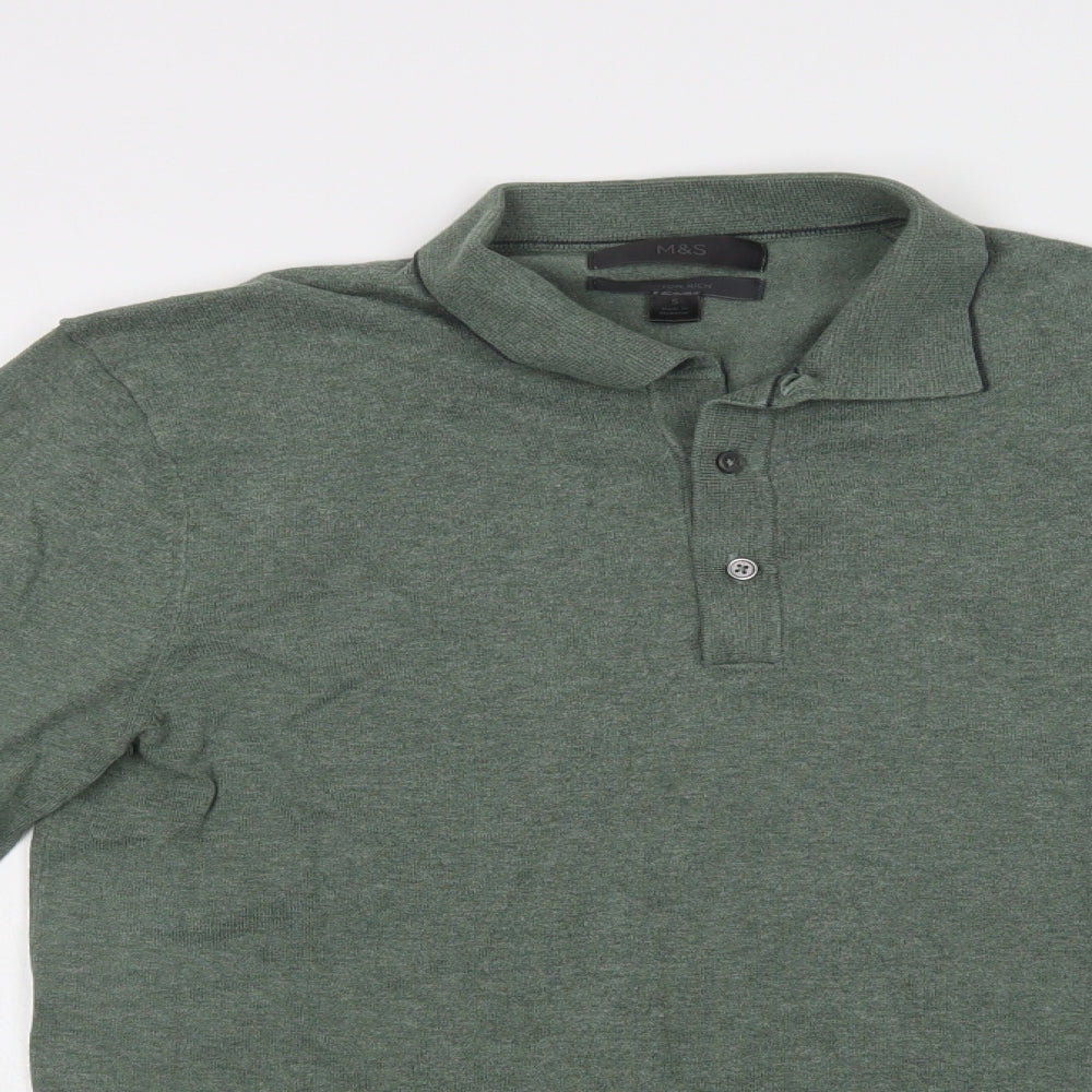 Marks and Spencer Mens Green Collared  Cotton Pullover Jumper Size S