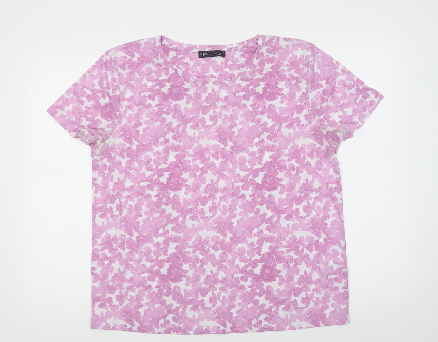 Marks and Spencer Womens Purple Geometric Polyester Basic T-Shirt Size 14 Crew Neck