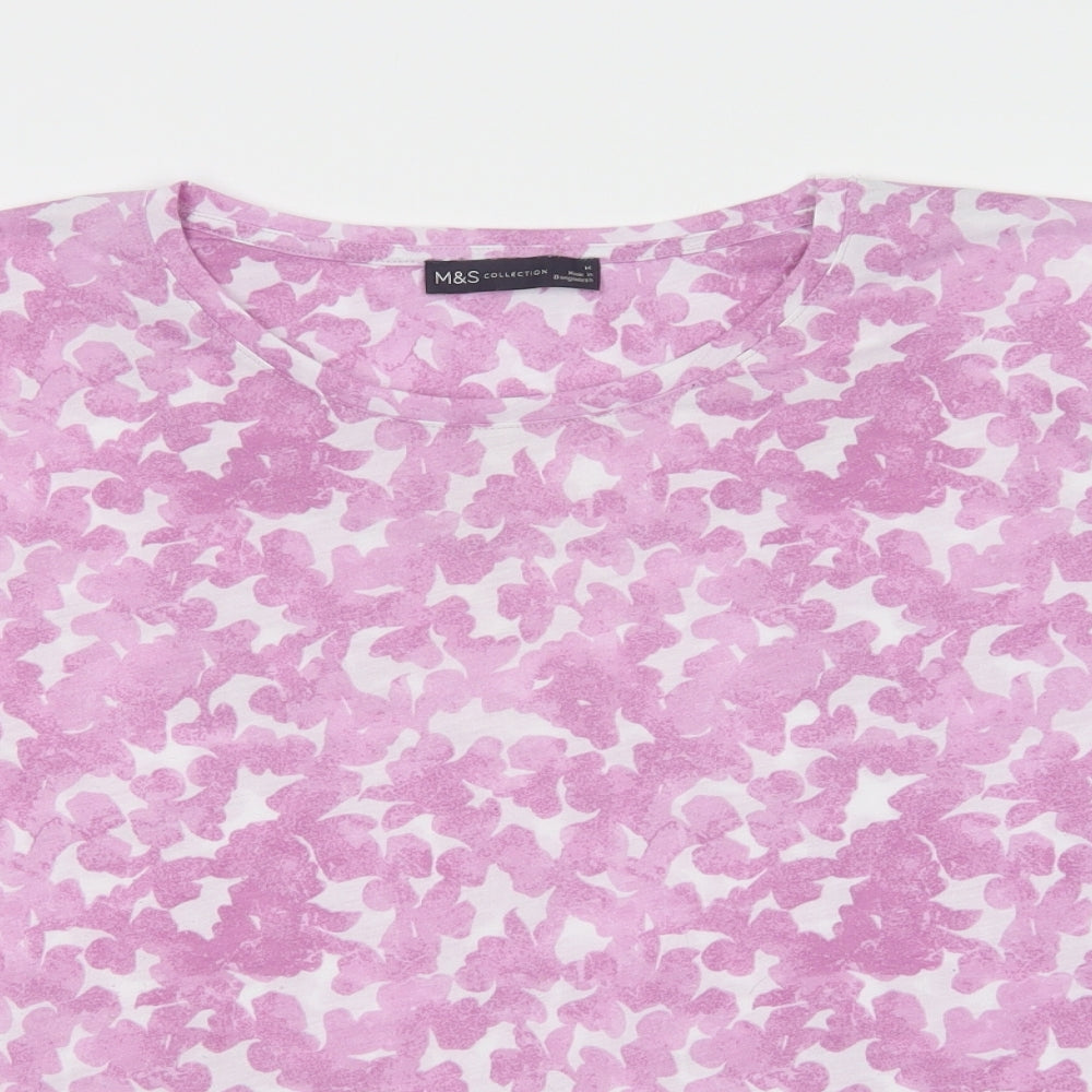 Marks and Spencer Womens Purple Geometric Polyester Basic T-Shirt Size 14 Crew Neck