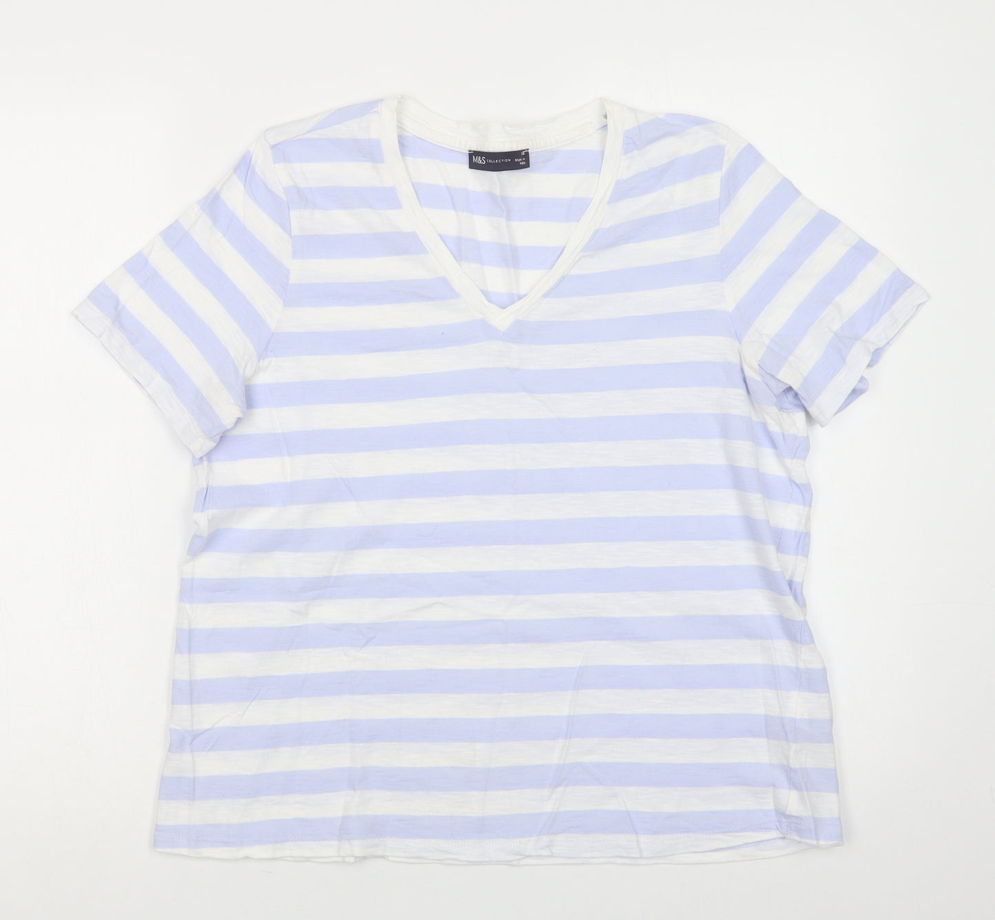 Marks and Spencer Womens Blue Striped Cotton Basic T-Shirt Size 14 V-Neck