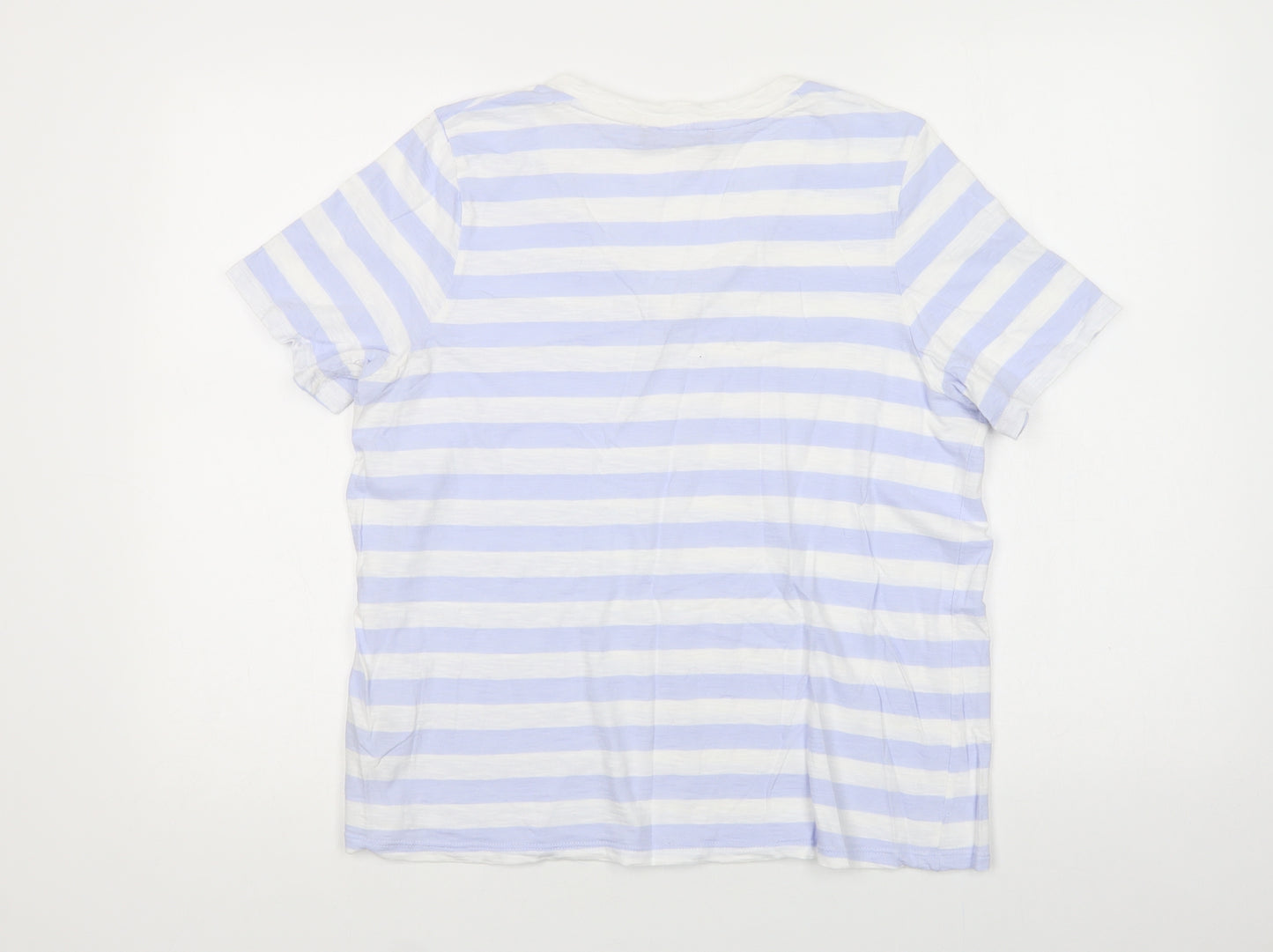 Marks and Spencer Womens Blue Striped Cotton Basic T-Shirt Size 14 V-Neck
